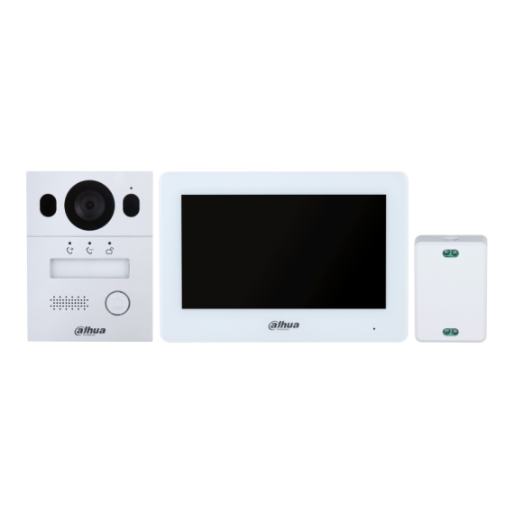 Фотография товара 'Dahua DHI-KTX01(F) Комплект: DHI-VTO2003F: 2-проводная вызывная панель 2Мп DHI-VTH5123H-W: 2-проводной 7" монитор видеодомофона с WiFi VTNC1003C: 2-проводной контроллер VTM114: монтажная коробка для врезного монтажа'